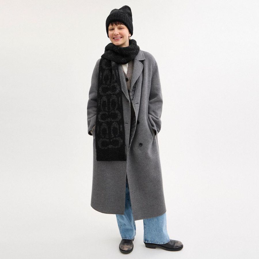 Bufanda COACH Signature Knit Boucle Oversized Muffler Mujer Negros | QIFJ-84765