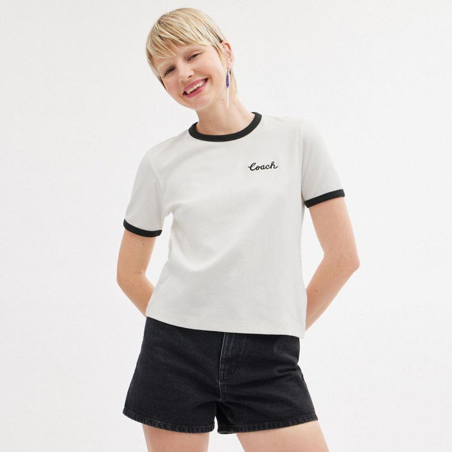Camiseta COACH Ringer Mujer Blancos | DZPM-31657
