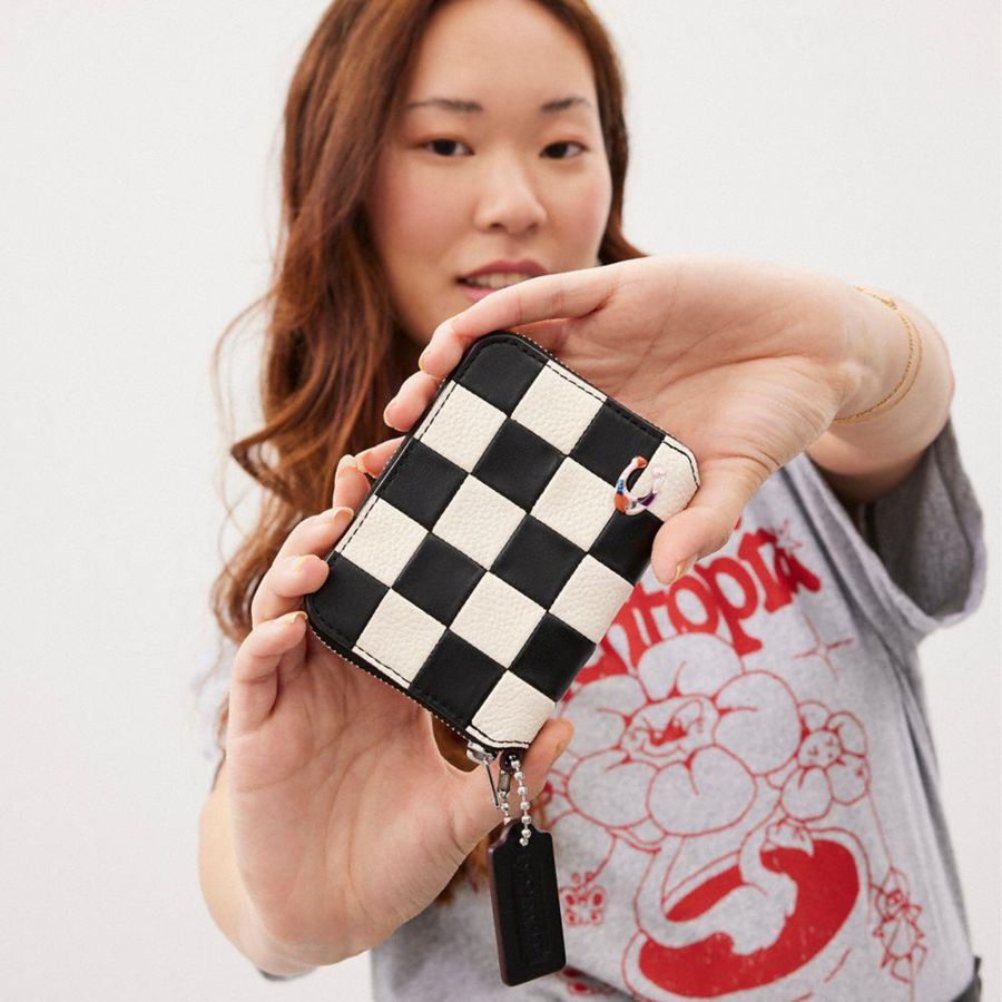 Cartera COACH Zip Around In Checkerboard Upcrafted Leather Mujer Negros | BCOE-07469