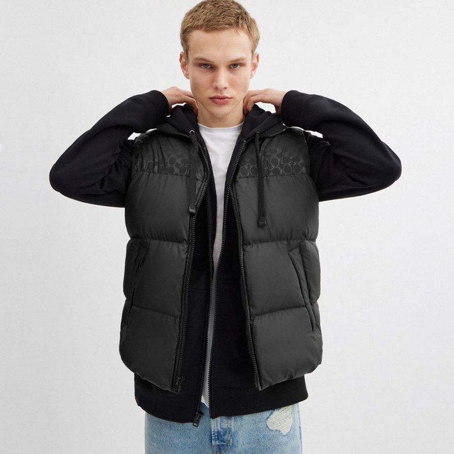 Chamarra COACH Down Puffer Vest In Recycled Polyester Hombre Negros | JSPU-96321