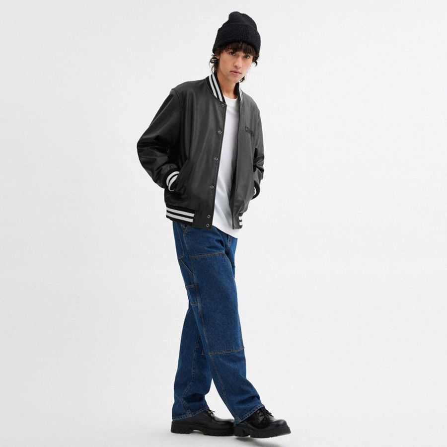 Chamarra COACH Leather Varsity Hombre Negros | BLNC-64253