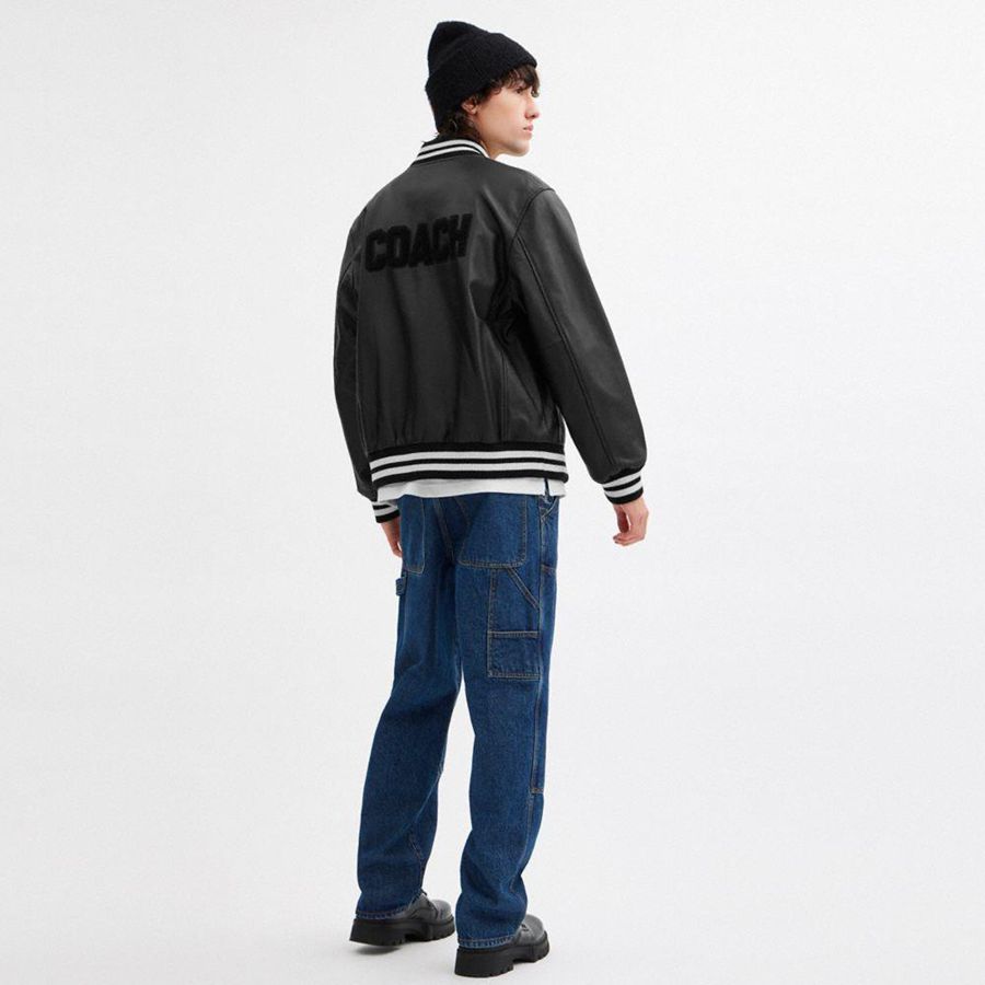 Chamarra COACH Leather Varsity Hombre Negros | BLNC-64253