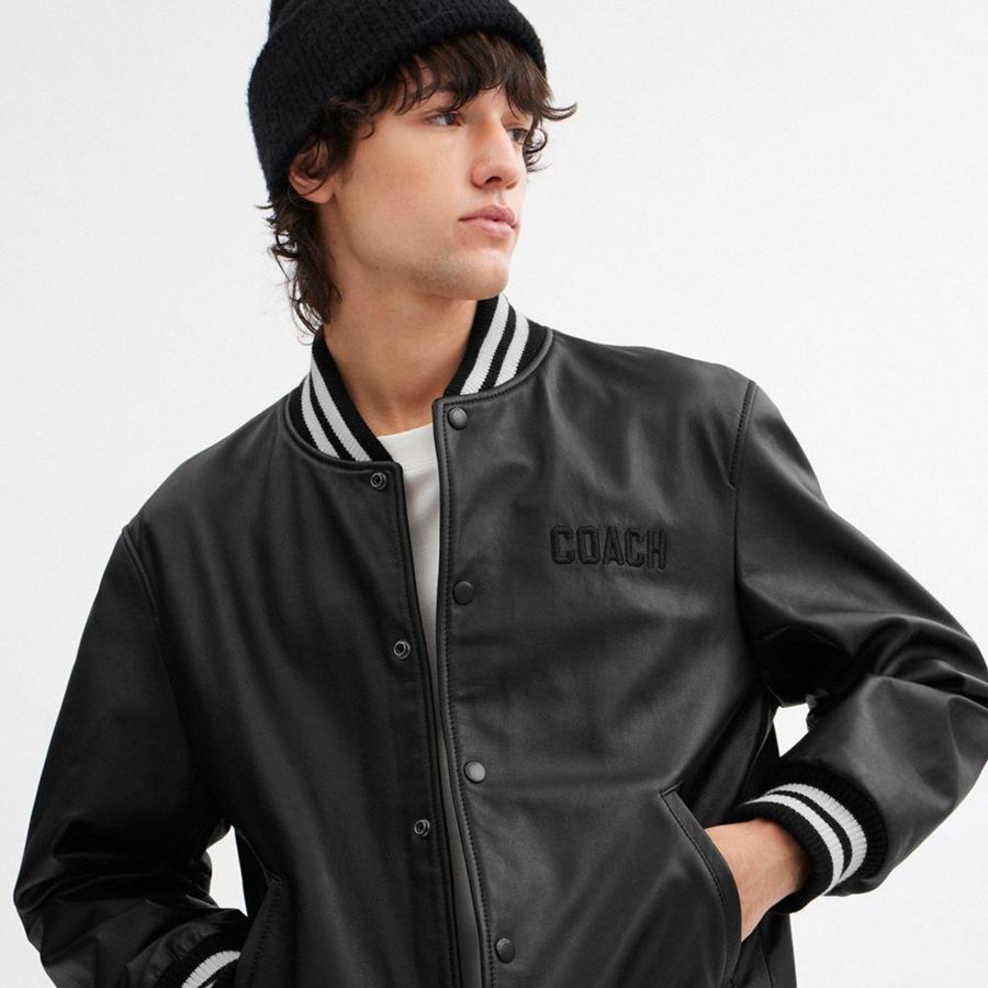 Chamarra COACH Leather Varsity Hombre Negros | BLNC-64253