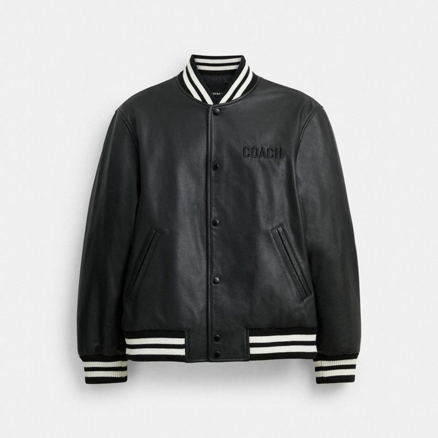 Chamarra COACH Leather Varsity Hombre Negros | BLNC-64253