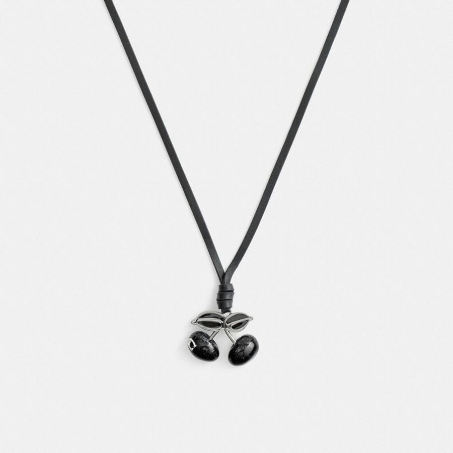Joyeria COACH Cherry Leather Necklace Mujer Negros | AOFD-16402