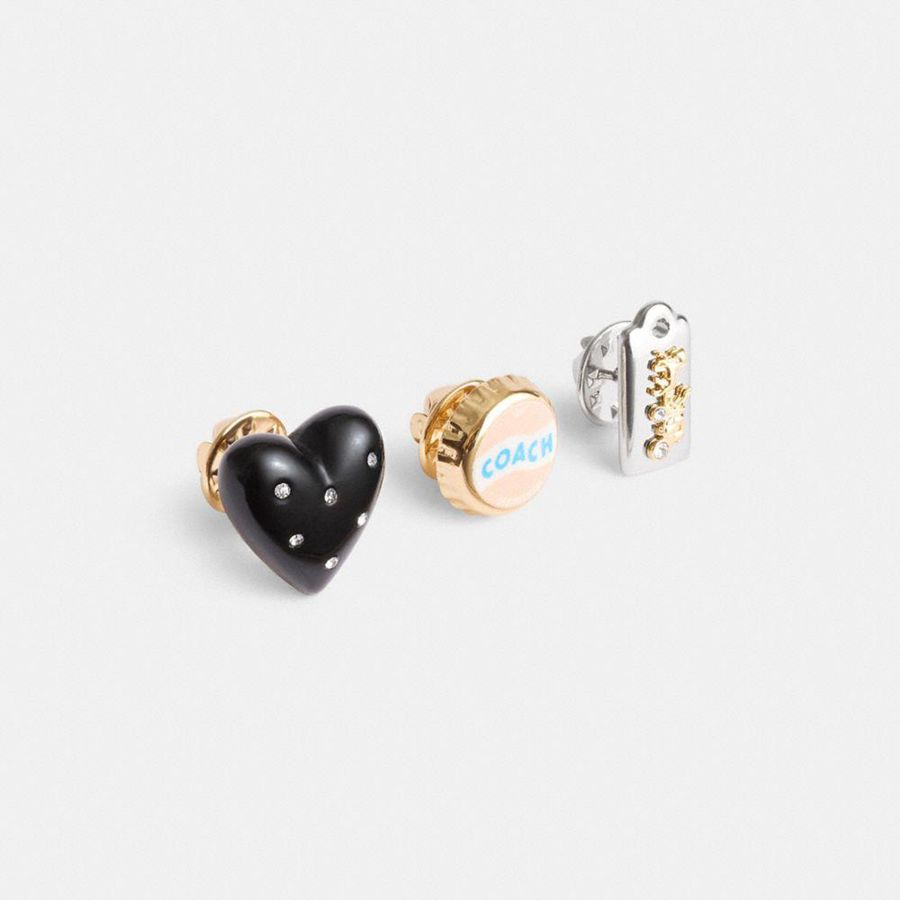 Joyeria COACH Heart And Bottle Cap Pin Trio Mujer Negros | EVZR-20468