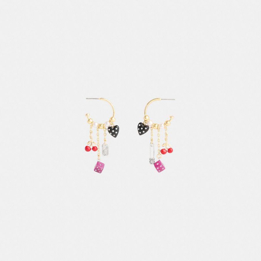 Joyeria COACH Heart And Dice Charm Hoop Earrings Mujer Dorados | STDB-32405