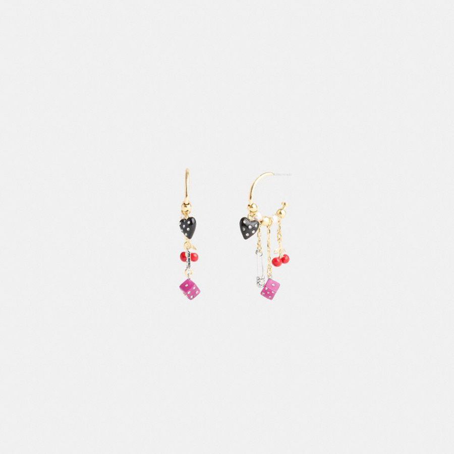 Joyeria COACH Heart And Dice Charm Hoop Earrings Mujer Dorados | STDB-32405