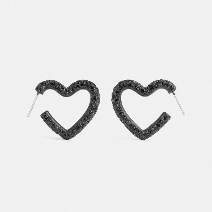 Joyeria COACH Pavé Heart Hoop Earrings Mujer Negros | JDER-93087