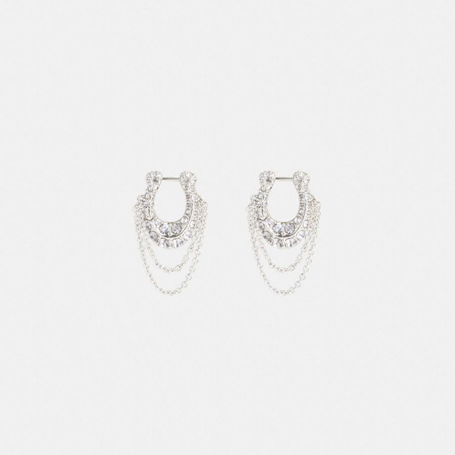 Joyeria COACH Pavé Signature Chain Huggie Earrings Mujer Plateados | WOVF-56324