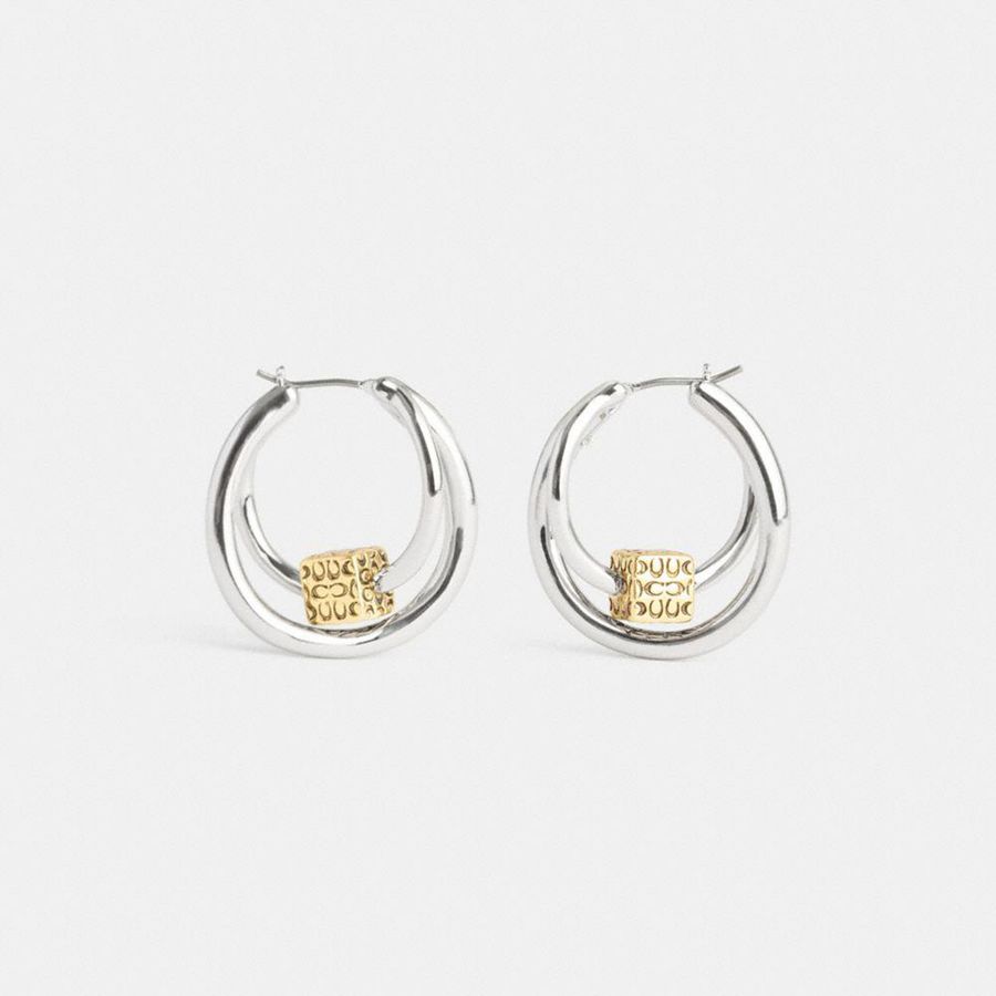 Joyeria COACH Quilted Cube Double Hoop Earrings Mujer Plateados | NXEI-82709