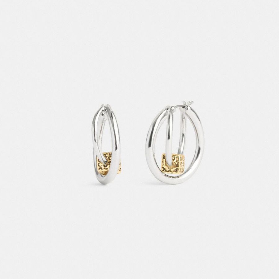 Joyeria COACH Quilted Cube Double Hoop Earrings Mujer Plateados | NXEI-82709