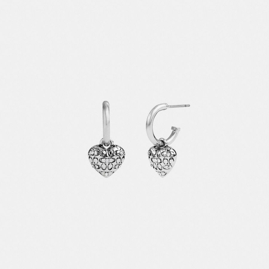 Joyeria COACH Quilted Signature Heart Huggie Earrings Mujer Plateados | GYAN-08971