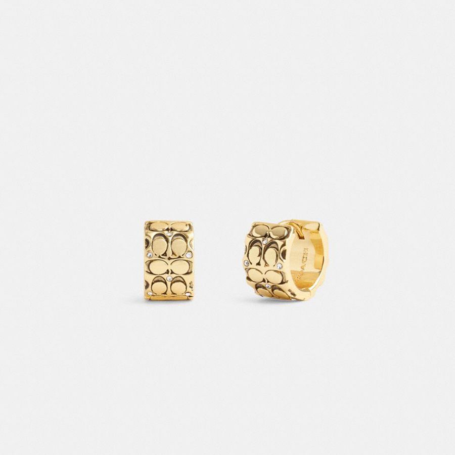 Joyeria COACH Quilted Signature Huggie Earrings Mujer Dorados | KWCJ-10634