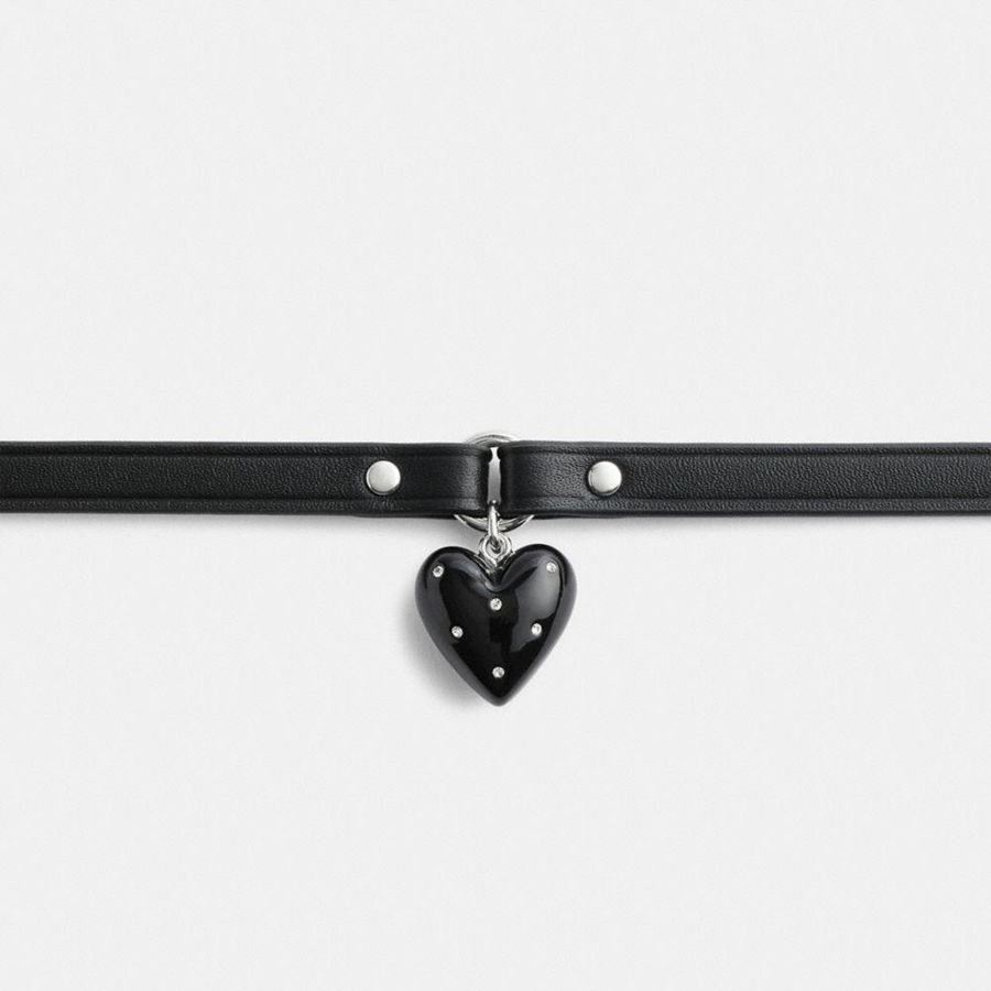 Joyeria COACH Resin Heart Charm Leather Choker Mujer Negros | EFCP-01584