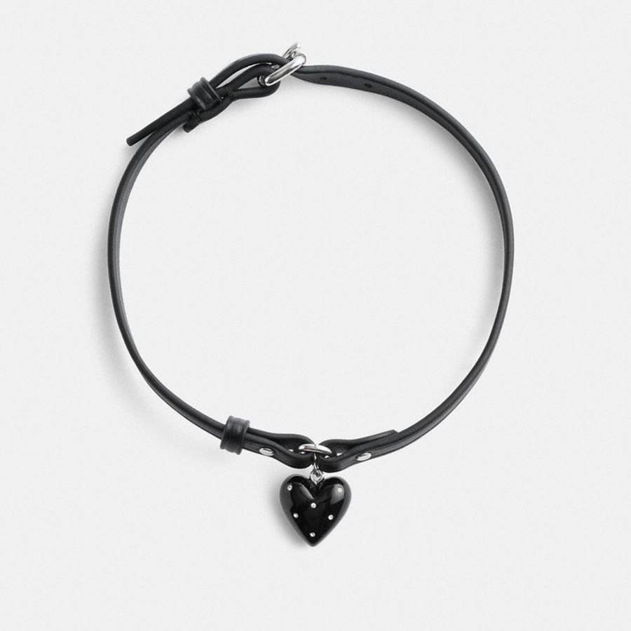 Joyeria COACH Resin Heart Charm Leather Choker Mujer Negros | EFCP-01584