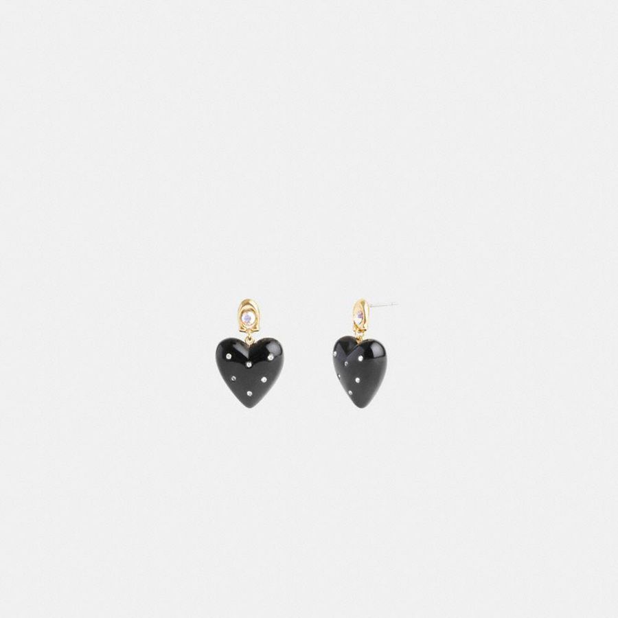 Joyeria COACH Resin Heart Drop Earrings Mujer Negros | GDWI-27058
