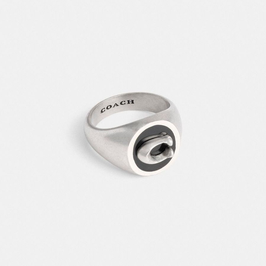 Joyeria COACH Signature Signet Ring Hombre Plateados | FGDU-97521
