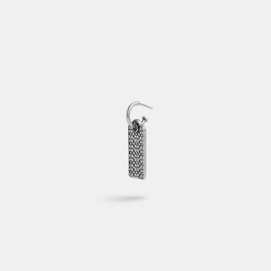 Joyeria COACH Sterling Signature Hangtag Single Huggie Earring Hombre Plateados | RTYV-92468