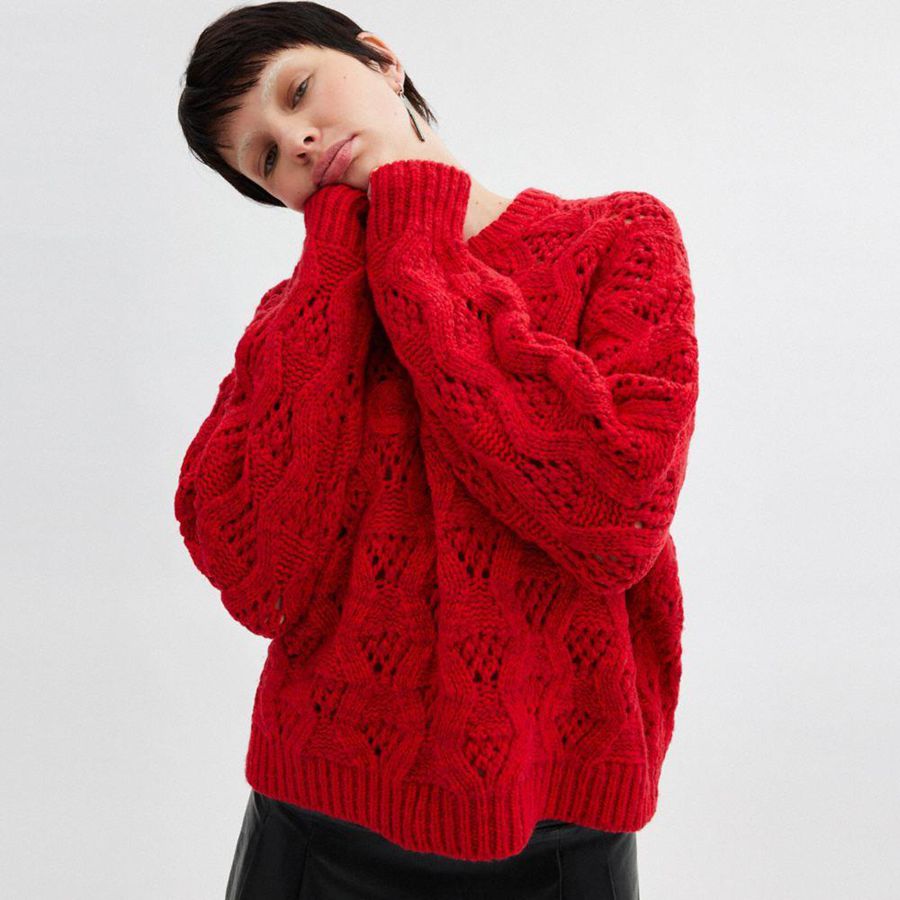 Suéter COACH Cable Knit Cursive Signature Cropped Mujer Rojos | CTOX-37629