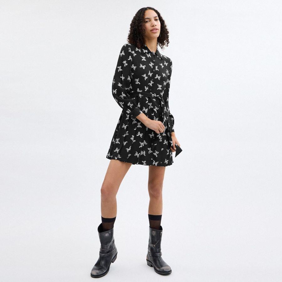 Vestido COACH Bow Print Silk Mujer Negros | QKFG-61387