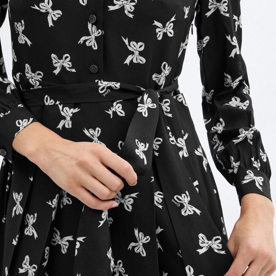 Vestido COACH Bow Print Silk Mujer Negros | QKFG-61387