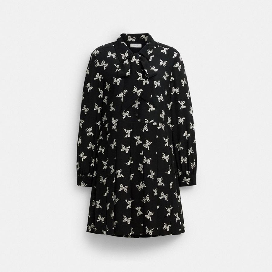 Vestido COACH Bow Print Silk Mujer Negros | QKFG-61387